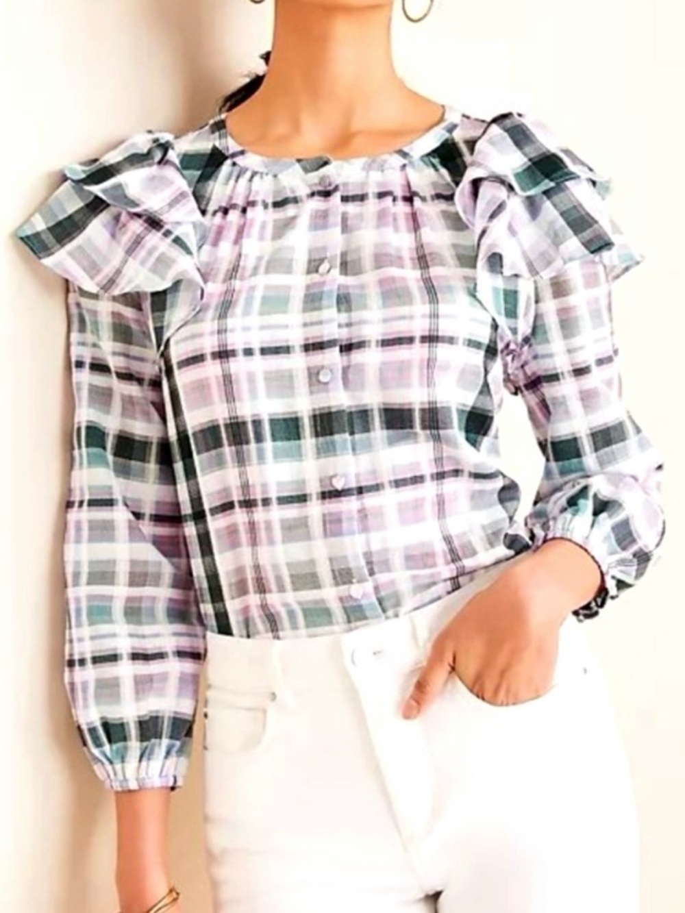 Ann Taylor Pastel Plaid Ruffle Shoulder Blouse green lavender Sz L EUC
